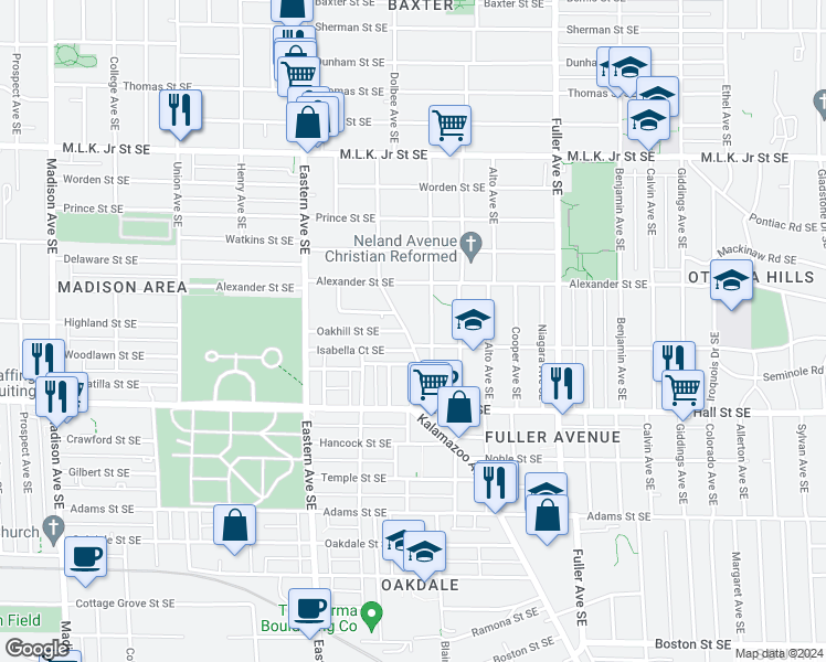map of restaurants, bars, coffee shops, grocery stores, and more near 1058 Kalamazoo Avenue Southeast in Grand Rapids