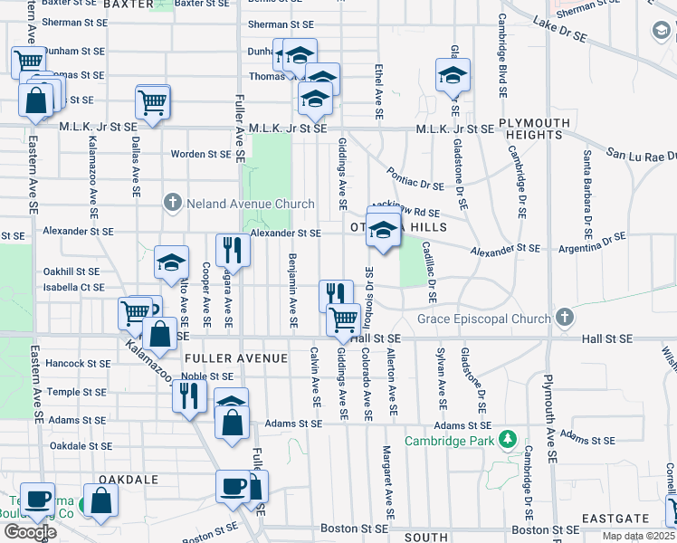 map of restaurants, bars, coffee shops, grocery stores, and more near 1041 Giddings Avenue Southeast in Grand Rapids
