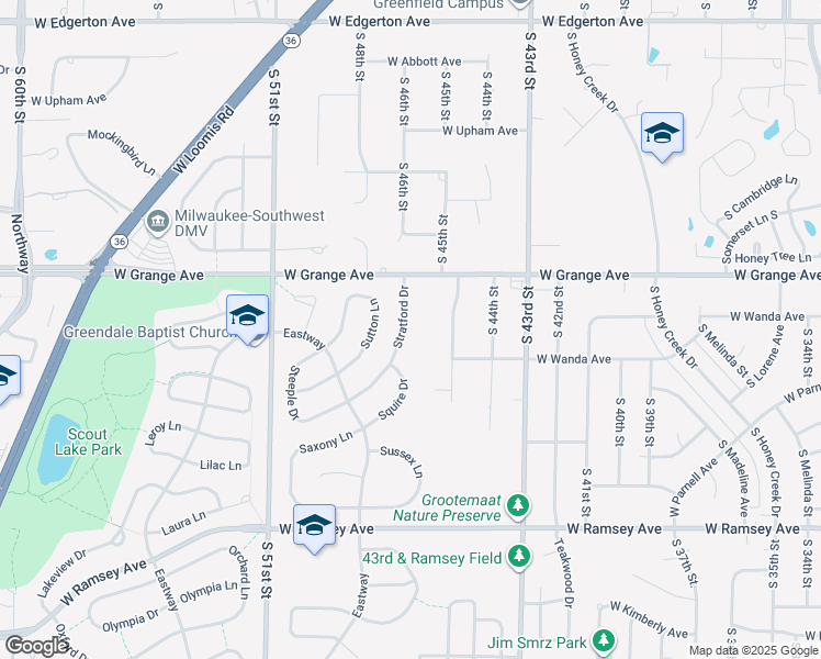 map of restaurants, bars, coffee shops, grocery stores, and more near 4775 Stratford Drive in Greendale