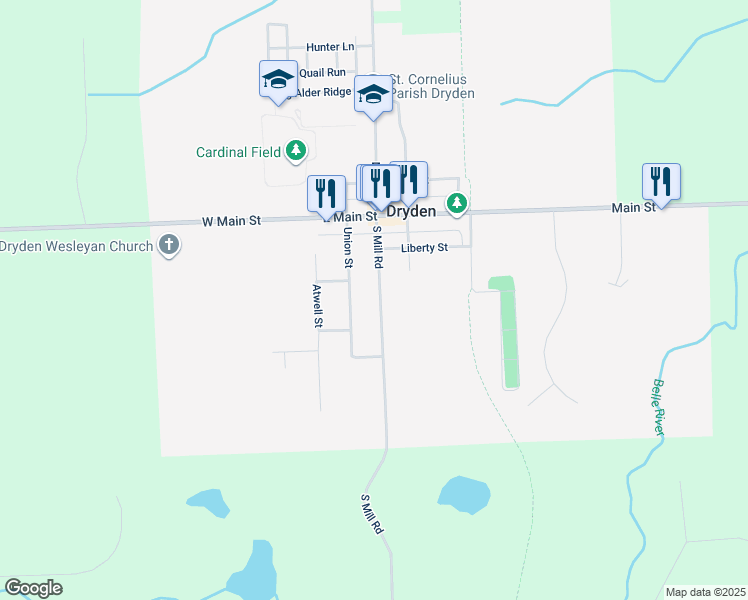 map of restaurants, bars, coffee shops, grocery stores, and more near 4104 South Mill Road in Dryden