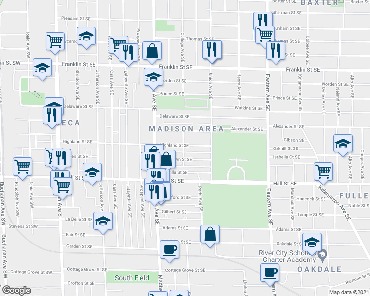map of restaurants, bars, coffee shops, grocery stores, and more near 500 Highland Street Southeast in Grand Rapids