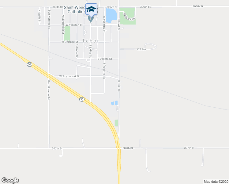map of restaurants, bars, coffee shops, grocery stores, and more near 127 East Kudrna Street in Tabor