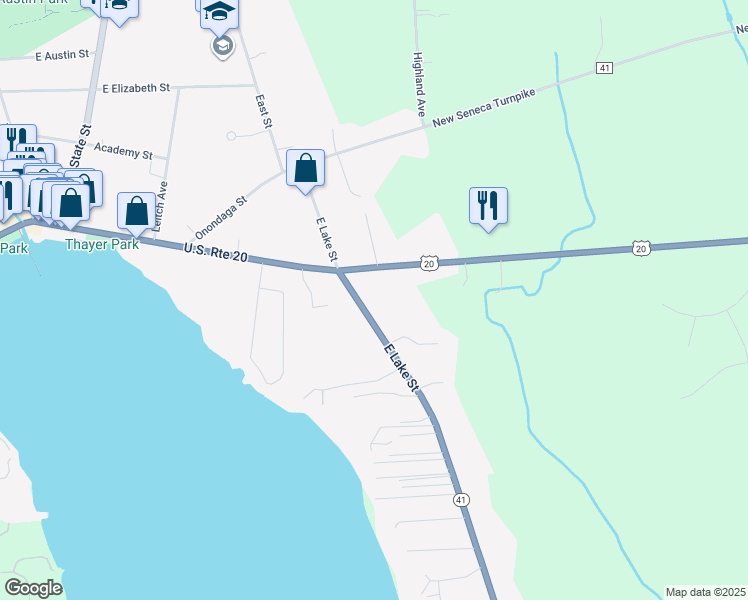 map of restaurants, bars, coffee shops, grocery stores, and more near 53 East Lake Street in Skaneateles