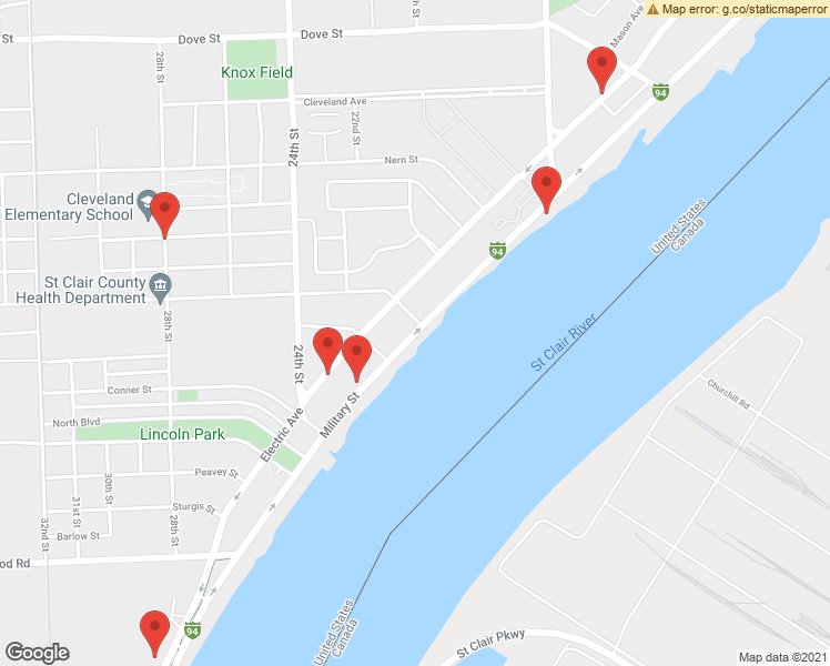 map of restaurants, bars, coffee shops, grocery stores, and more near 3417 Military Street in Port Huron