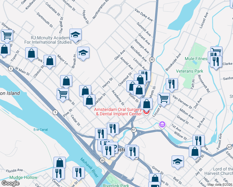 map of restaurants, bars, coffee shops, grocery stores, and more near 53 Academy Street in Amsterdam