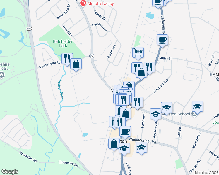 map of restaurants, bars, coffee shops, grocery stores, and more near 38 Exeter Road in Hampton