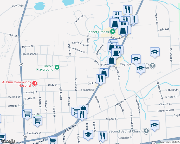map of restaurants, bars, coffee shops, grocery stores, and more near 138 Standart Avenue in Auburn