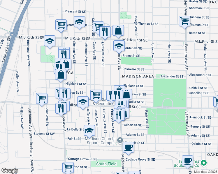 map of restaurants, bars, coffee shops, grocery stores, and more near 320 Highland Street Southeast in Grand Rapids