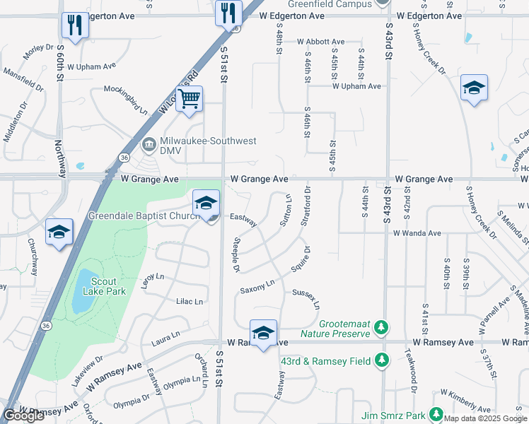 map of restaurants, bars, coffee shops, grocery stores, and more near 4972 Sutton Lane in Greendale