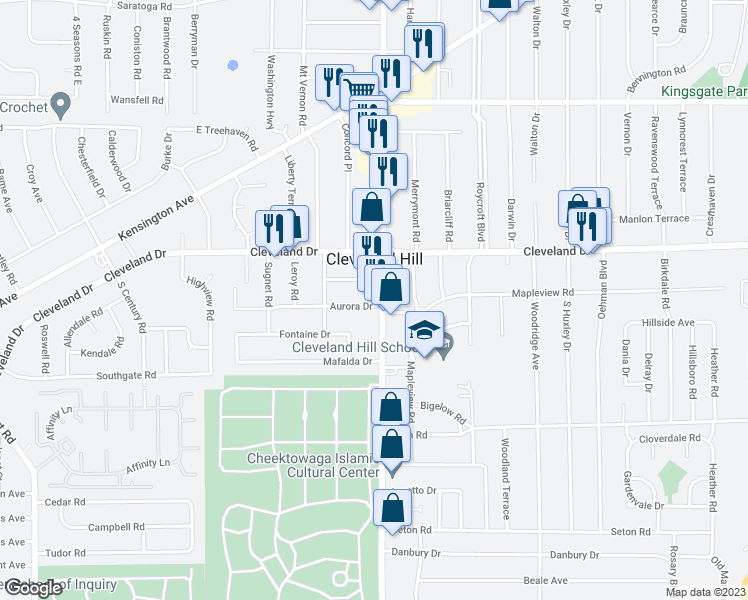 map of restaurants, bars, coffee shops, grocery stores, and more near 3660 Harlem Road in Buffalo