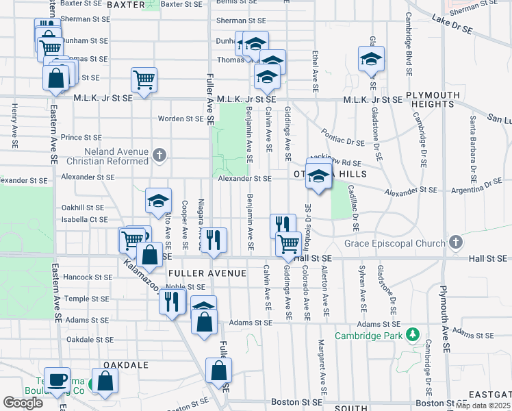 map of restaurants, bars, coffee shops, grocery stores, and more near 1042 Benjamin Avenue Southeast in Grand Rapids
