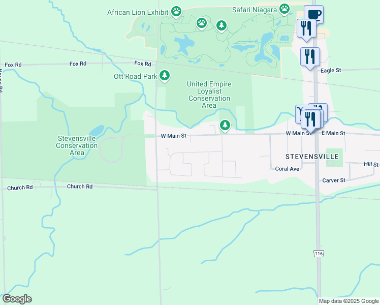 map of restaurants, bars, coffee shops, grocery stores, and more near Village Creek Drive in Fort Erie