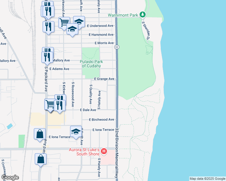 map of restaurants, bars, coffee shops, grocery stores, and more near 5555 South Lake Drive in Cudahy
