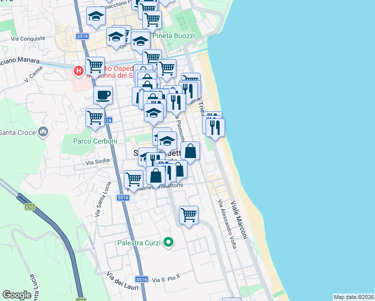 map of restaurants, bars, coffee shops, grocery stores, and more near 121 Via Asiago in San Benedetto del Tronto