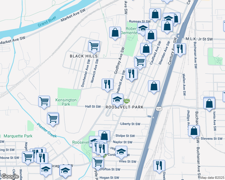 map of restaurants, bars, coffee shops, grocery stores, and more near 1068 Godfrey Ave SW in Grand Rapids