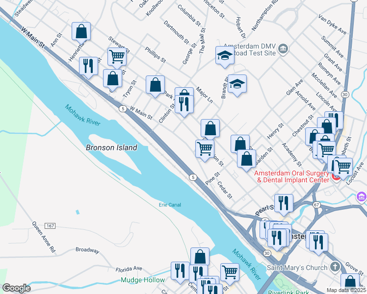 map of restaurants, bars, coffee shops, grocery stores, and more near 208 West Main Street in Amsterdam