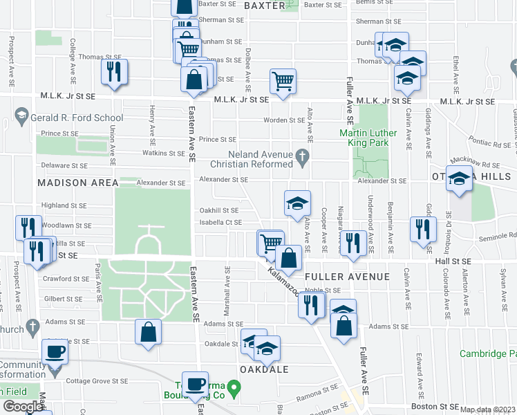 map of restaurants, bars, coffee shops, grocery stores, and more near 1052 Kalamazoo Avenue Southeast in Grand Rapids