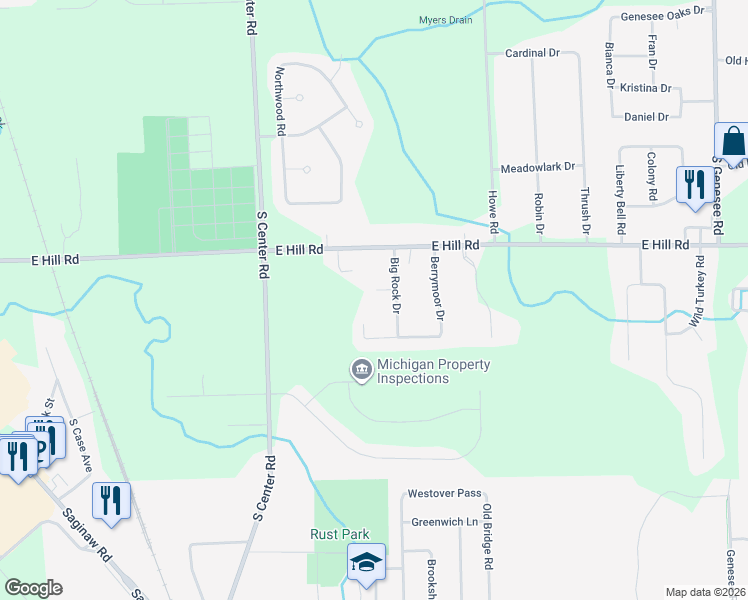 map of restaurants, bars, coffee shops, grocery stores, and more near 4108 Big Rock Court in Grand Blanc