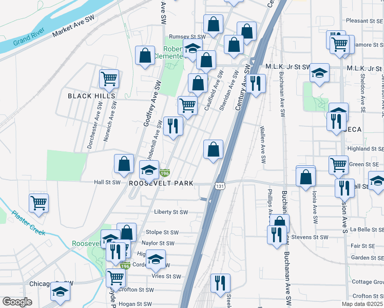 map of restaurants, bars, coffee shops, grocery stores, and more near 1054 Caulfield Avenue Southwest in Grand Rapids