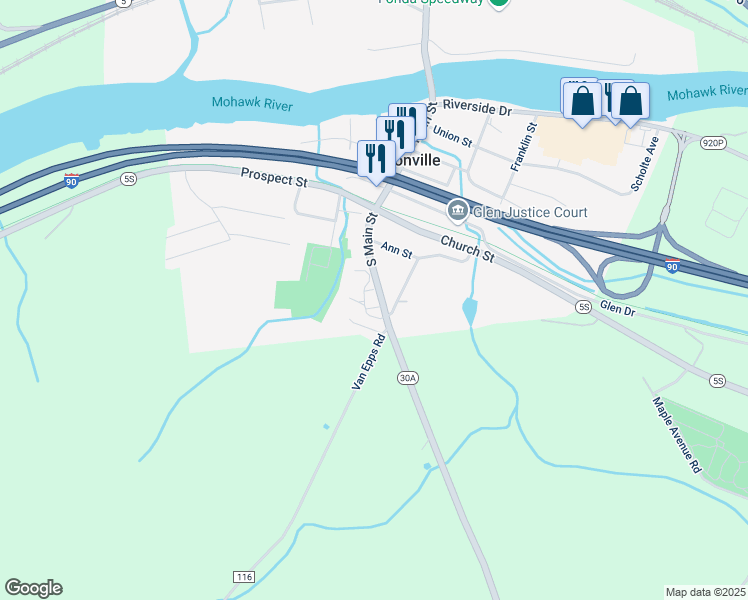 map of restaurants, bars, coffee shops, grocery stores, and more near 68 South Main Street in Fultonville