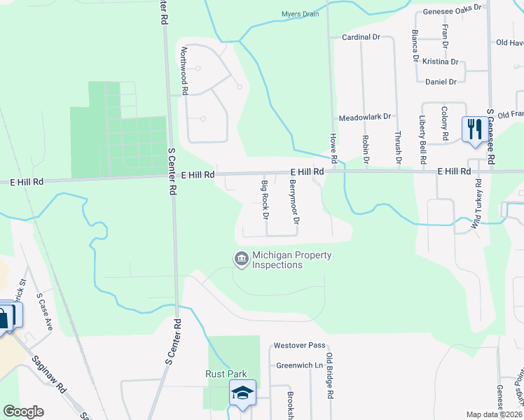 map of restaurants, bars, coffee shops, grocery stores, and more near 4108 Big Rock Court in Grand Blanc