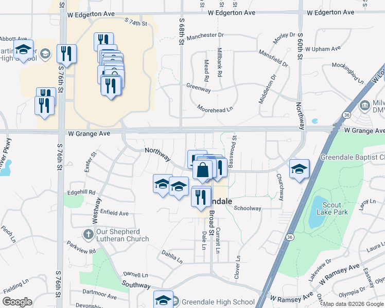map of restaurants, bars, coffee shops, grocery stores, and more near 5587 Angle Lane in Greendale