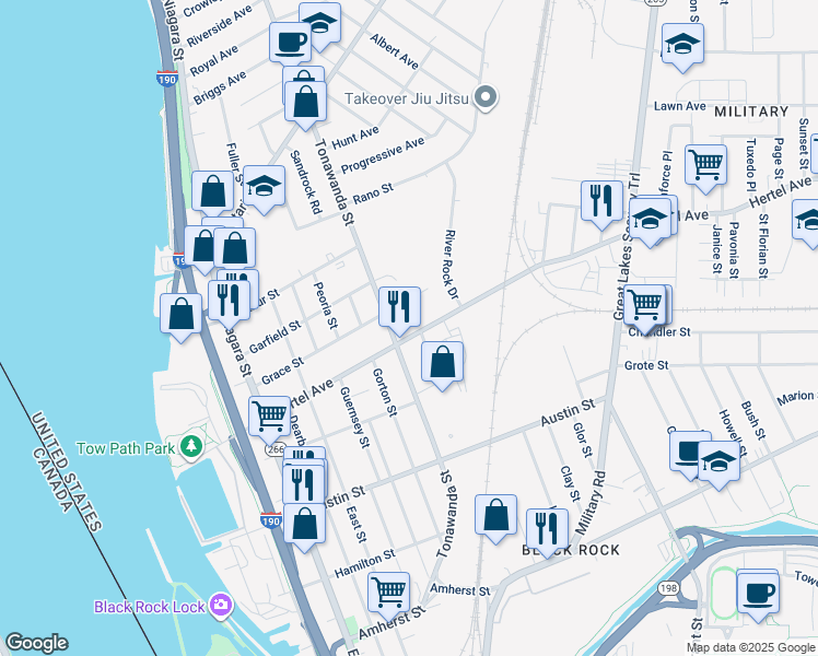 map of restaurants, bars, coffee shops, grocery stores, and more near 198 Hertel Avenue in Buffalo