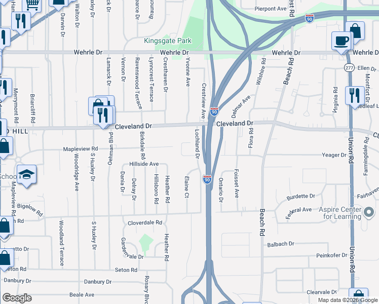 map of restaurants, bars, coffee shops, grocery stores, and more near 14 Doyle Court in Buffalo