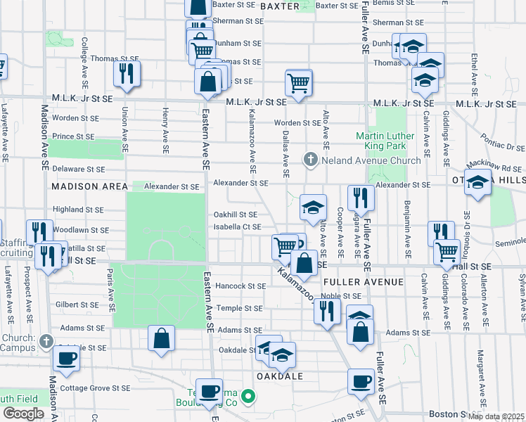 map of restaurants, bars, coffee shops, grocery stores, and more near 1051 Kalamazoo Avenue Southeast in Grand Rapids