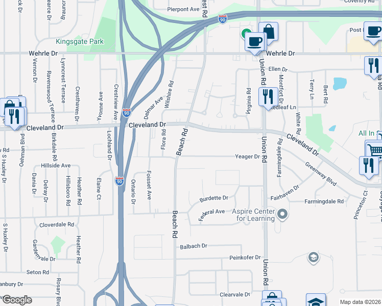 map of restaurants, bars, coffee shops, grocery stores, and more near 30 Yeager Drive in Buffalo