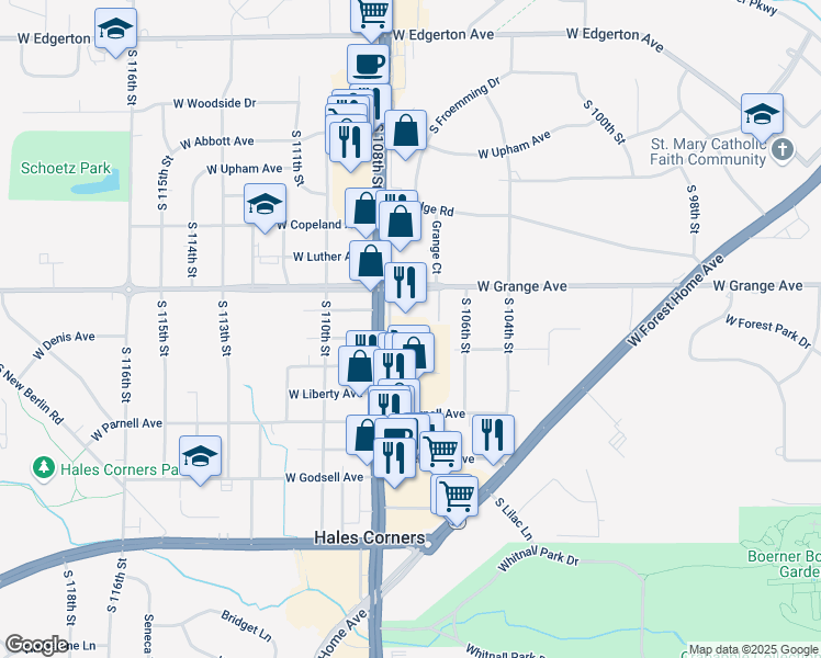 map of restaurants, bars, coffee shops, grocery stores, and more near 5552 U.S. 45 in Hales Corners