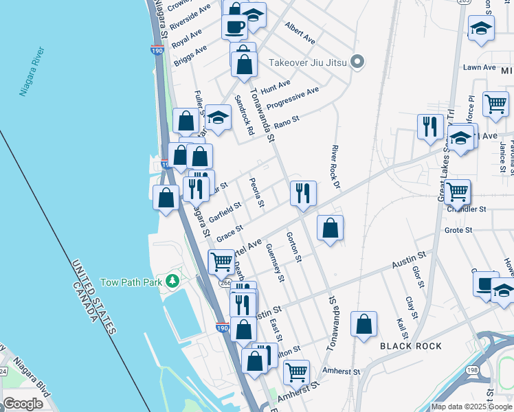 map of restaurants, bars, coffee shops, grocery stores, and more near 16 Peoria Street in Buffalo