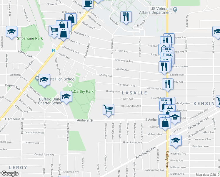 map of restaurants, bars, coffee shops, grocery stores, and more near 316 Parkridge Avenue in Buffalo