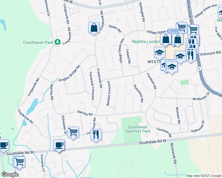 map of restaurants, bars, coffee shops, grocery stores, and more near 75 Kinnear Crescent in London