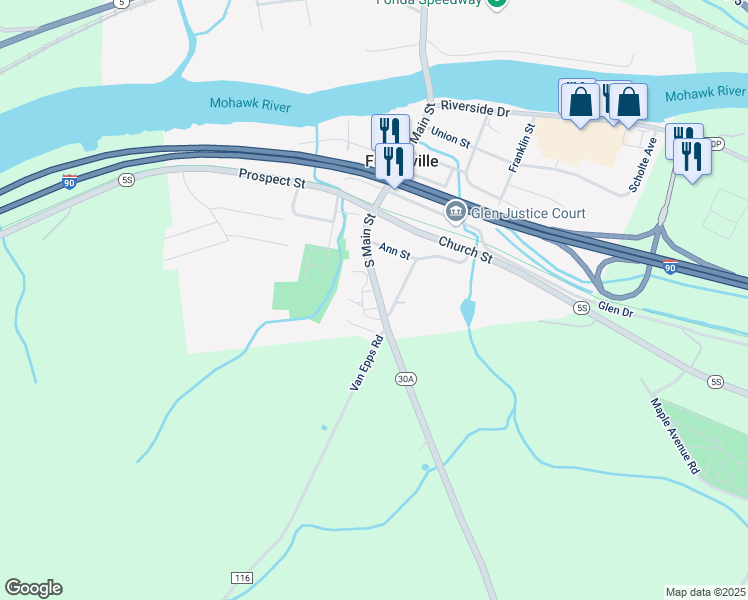 map of restaurants, bars, coffee shops, grocery stores, and more near 68 South Main Street in Fultonville