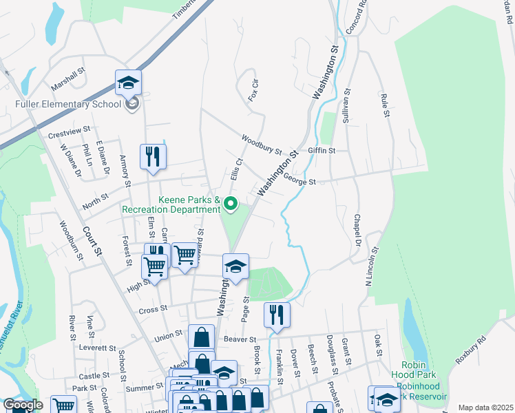 map of restaurants, bars, coffee shops, grocery stores, and more near 349 Washington Street in Keene