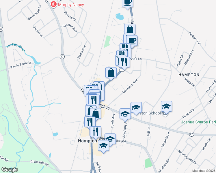 map of restaurants, bars, coffee shops, grocery stores, and more near 547 U.S. 1 in Hampton