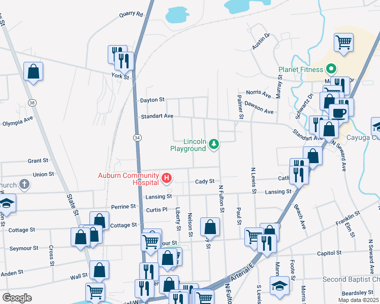 map of restaurants, bars, coffee shops, grocery stores, and more near 9 Peacock Street in Auburn