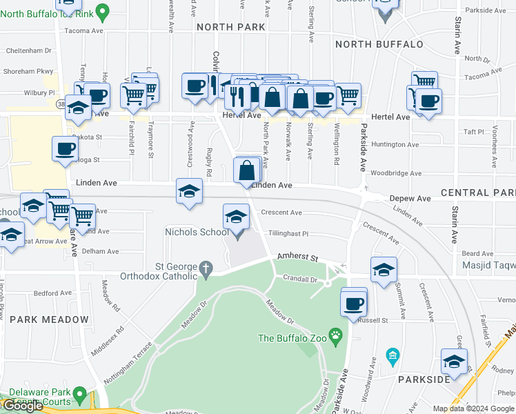 map of restaurants, bars, coffee shops, grocery stores, and more near 793 Crescent Avenue in Buffalo