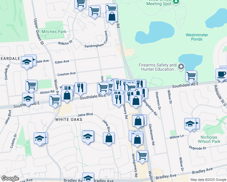 map of restaurants, bars, coffee shops, grocery stores, and more near 636 Southdale Road East in London