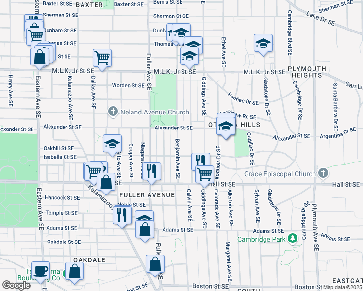map of restaurants, bars, coffee shops, grocery stores, and more near 1042 Benjamin Avenue Southeast in Grand Rapids