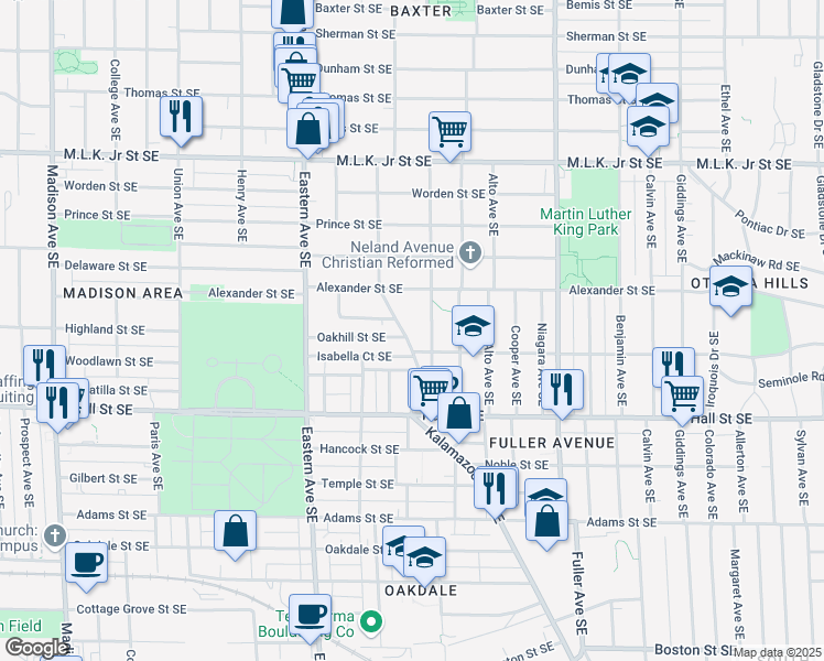 map of restaurants, bars, coffee shops, grocery stores, and more near 1051 Kalamazoo Avenue Southeast in Grand Rapids