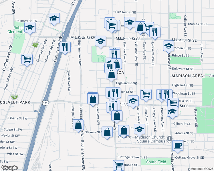 map of restaurants, bars, coffee shops, grocery stores, and more near 21 Putnam Street Southwest in Grand Rapids