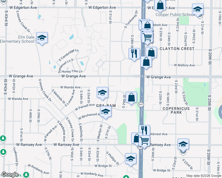 map of restaurants, bars, coffee shops, grocery stores, and more near 5560 South Marilyn Street in Milwaukee