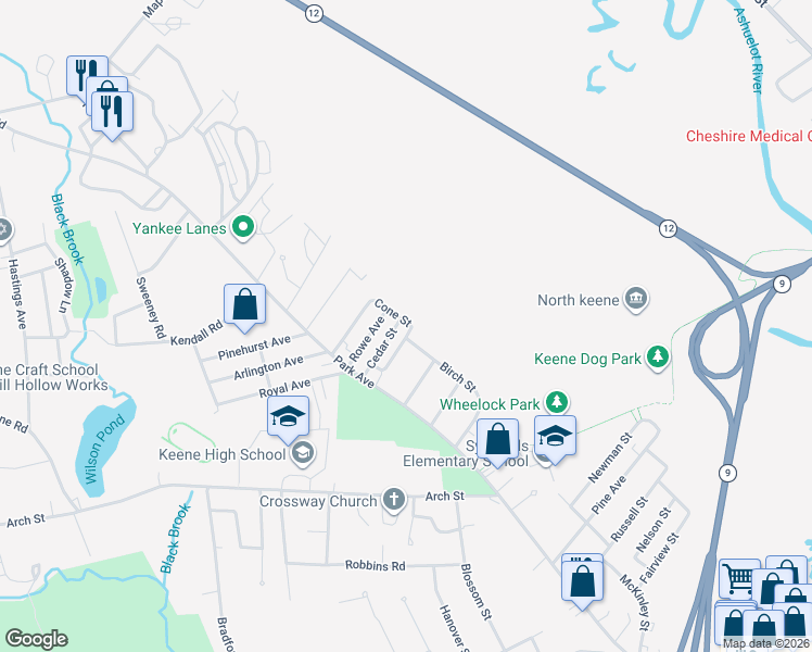 map of restaurants, bars, coffee shops, grocery stores, and more near 69 Cedar Street in Keene