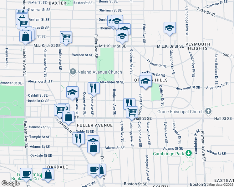 map of restaurants, bars, coffee shops, grocery stores, and more near 1042 Benjamin Avenue Southeast in Grand Rapids