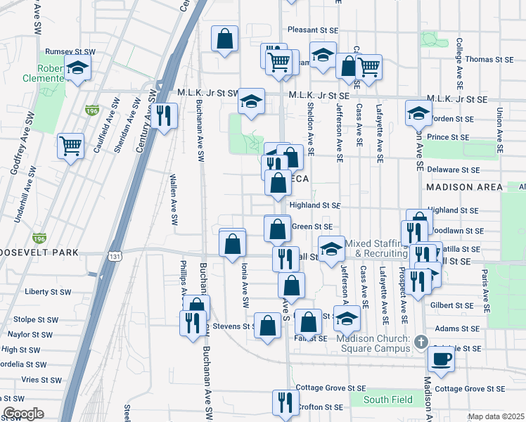 map of restaurants, bars, coffee shops, grocery stores, and more near 29 Putnam Street Southwest in Grand Rapids