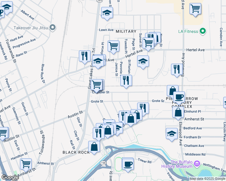 map of restaurants, bars, coffee shops, grocery stores, and more near 132 Chandler Street in Buffalo