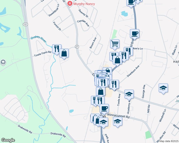 map of restaurants, bars, coffee shops, grocery stores, and more near 38 Exeter Road in Hampton
