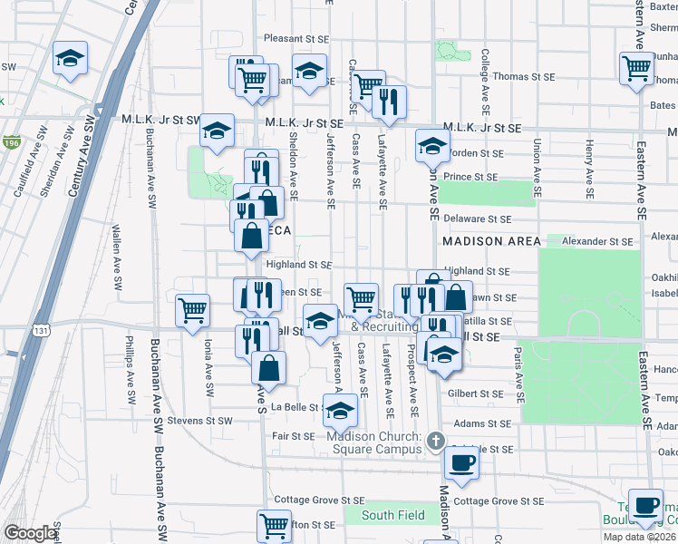 map of restaurants, bars, coffee shops, grocery stores, and more near 1104 Jefferson Avenue Southeast in Grand Rapids